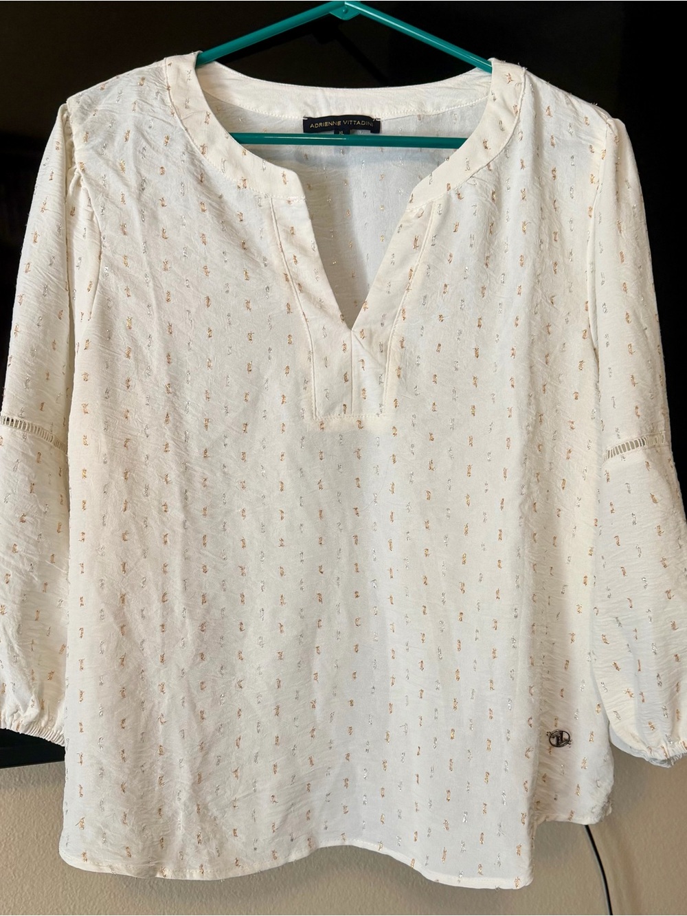 Adrienne Vittadini Cream Peasant Tunic with Tan Dot Embroidery